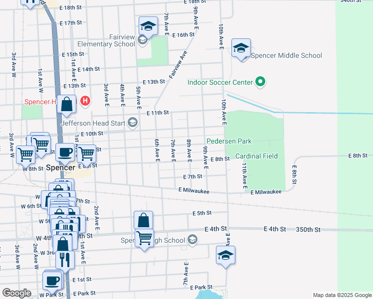 map of restaurants, bars, coffee shops, grocery stores, and more near 911 8th Avenue East in Spencer
