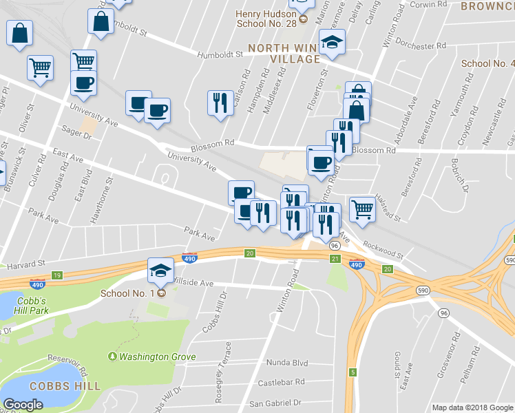 map of restaurants, bars, coffee shops, grocery stores, and more near 25 Probert Street in Rochester