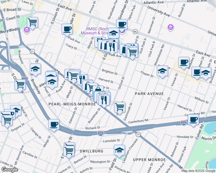 map of restaurants, bars, coffee shops, grocery stores, and more near 76 Harper Street in Rochester