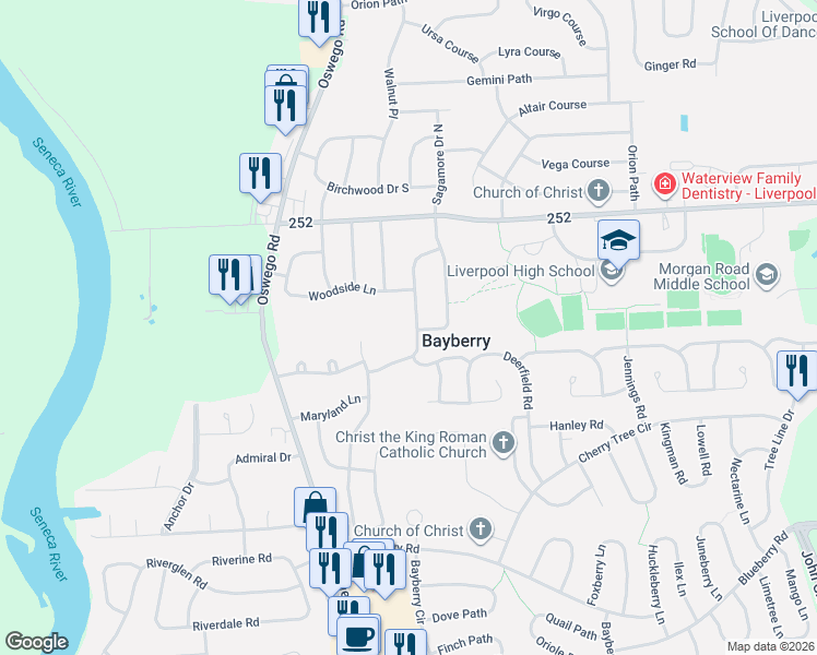 map of restaurants, bars, coffee shops, grocery stores, and more near 122 Sotherden Drive in Liverpool