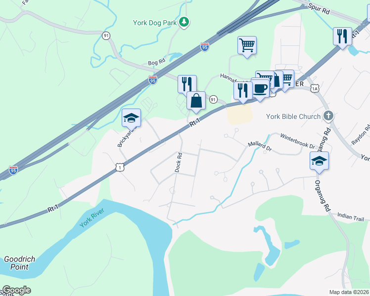 map of restaurants, bars, coffee shops, grocery stores, and more near 373 U.S. 1 in York