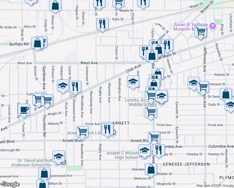 map of restaurants, bars, coffee shops, grocery stores, and more near 38 Warwick Avenue in Rochester