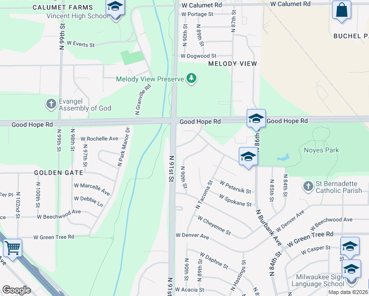 map of restaurants, bars, coffee shops, grocery stores, and more near 9049 West Helena Street in Milwaukee
