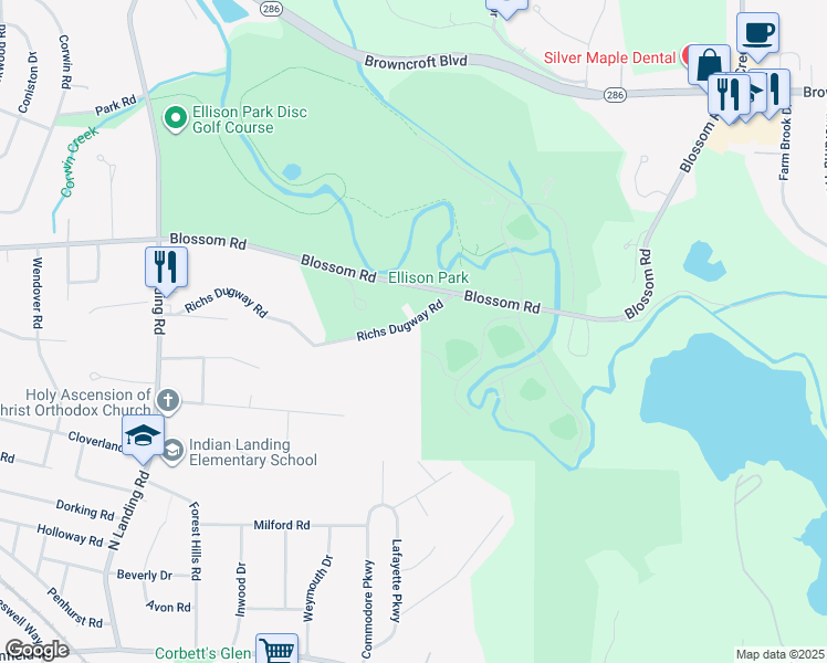 map of restaurants, bars, coffee shops, grocery stores, and more near 395 Richs Dugway Road in Rochester