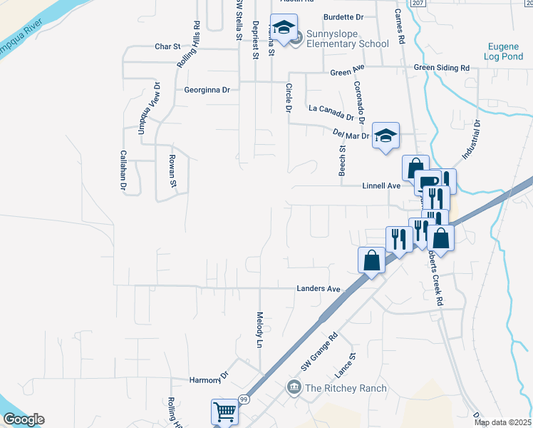 map of restaurants, bars, coffee shops, grocery stores, and more near 4152 Melody Lane in Roseburg