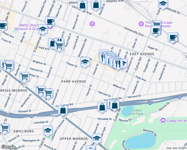 map of restaurants, bars, coffee shops, grocery stores, and more near 84 Vassar Street in Rochester