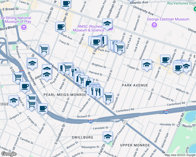 map of restaurants, bars, coffee shops, grocery stores, and more near 76 Harper Street in Rochester