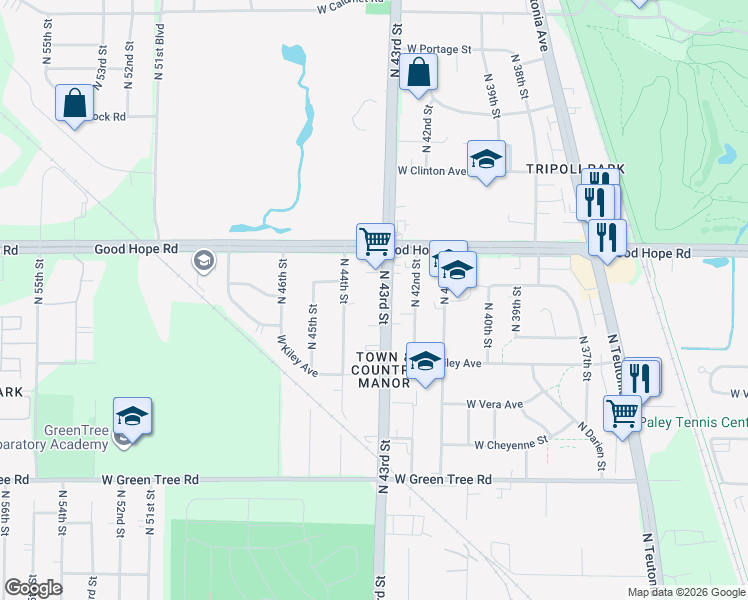map of restaurants, bars, coffee shops, grocery stores, and more near 7139 North 43rd Street in Milwaukee