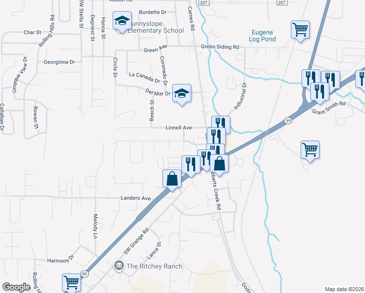 map of restaurants, bars, coffee shops, grocery stores, and more near 163 Southwest Chandler Drive in Roseburg