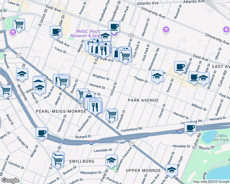 map of restaurants, bars, coffee shops, grocery stores, and more near 400 Oxford Street in Rochester