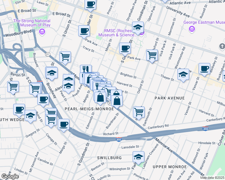 map of restaurants, bars, coffee shops, grocery stores, and more near 315 South Goodman Street in Rochester