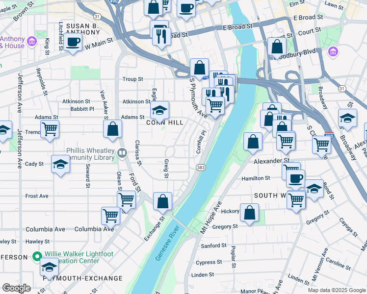 map of restaurants, bars, coffee shops, grocery stores, and more near 235 South Fitzhugh Street in Rochester