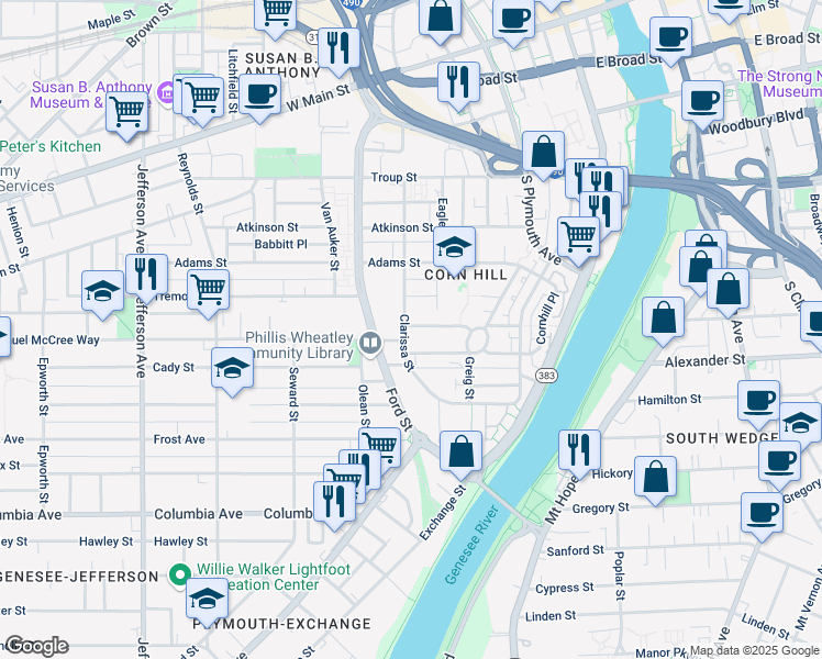 map of restaurants, bars, coffee shops, grocery stores, and more near 135-153 Adams Street in Rochester
