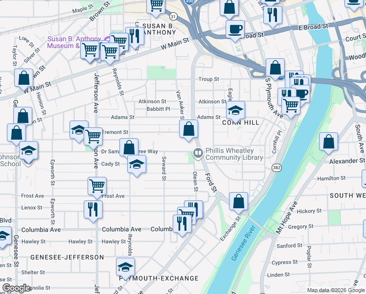 map of restaurants, bars, coffee shops, grocery stores, and more near 248 Tremont Street in Rochester