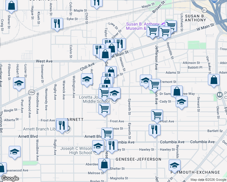 map of restaurants, bars, coffee shops, grocery stores, and more near 138 Genesee Street in Rochester
