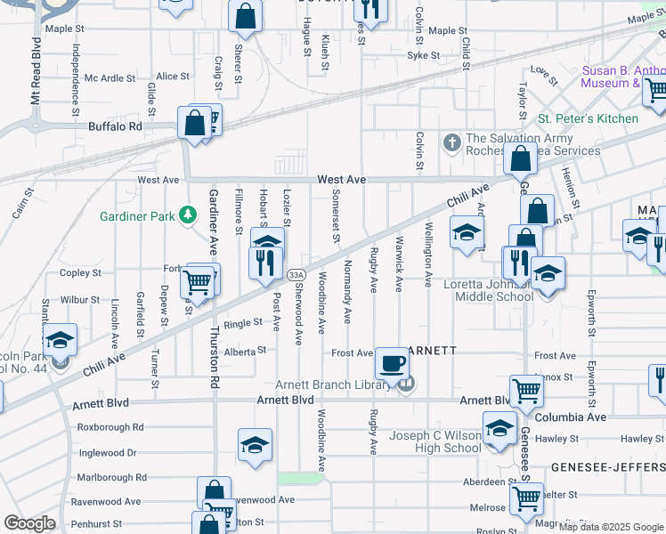 map of restaurants, bars, coffee shops, grocery stores, and more near 350 Chili Avenue in Rochester