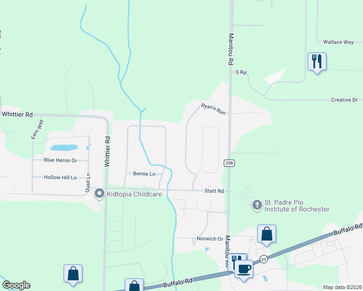 map of restaurants, bars, coffee shops, grocery stores, and more near 25 Ryan's Run in Rochester