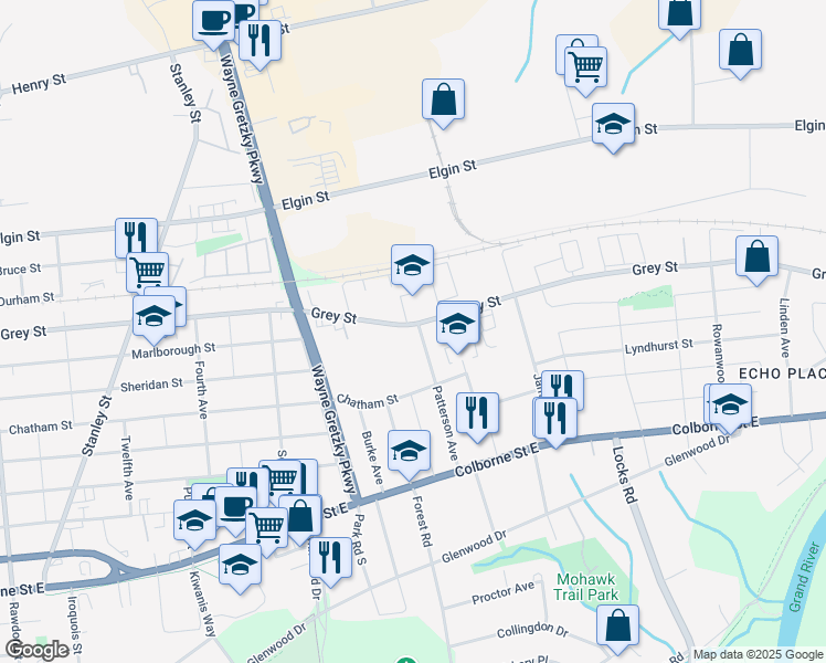 map of restaurants, bars, coffee shops, grocery stores, and more near in Brantford