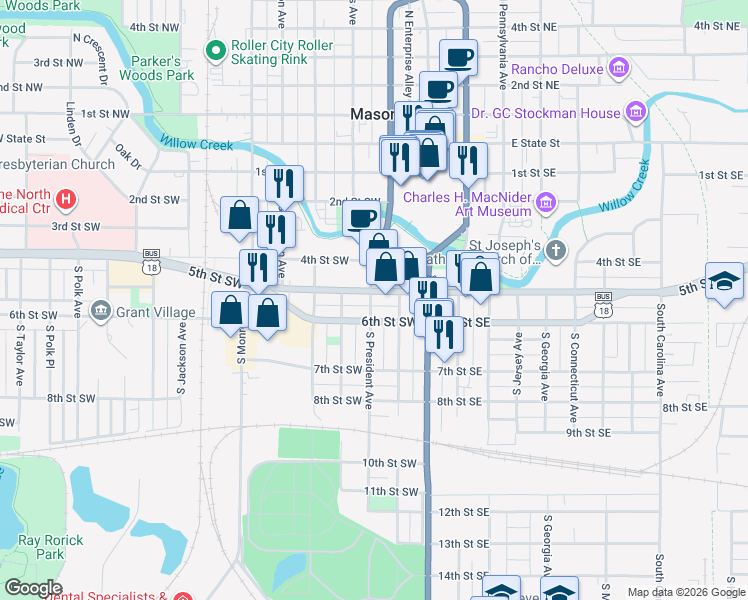 map of restaurants, bars, coffee shops, grocery stores, and more near 138 5th St SW in Mason City