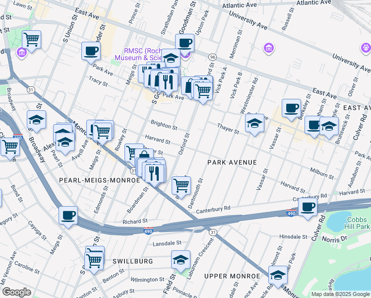 map of restaurants, bars, coffee shops, grocery stores, and more near 400 Oxford Street in Rochester