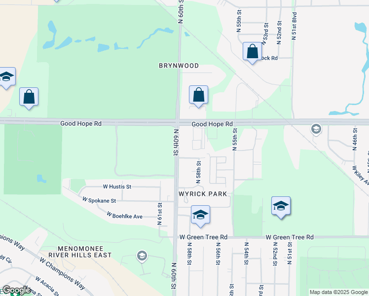 map of restaurants, bars, coffee shops, grocery stores, and more near 7100 North 60th Street in Milwaukee