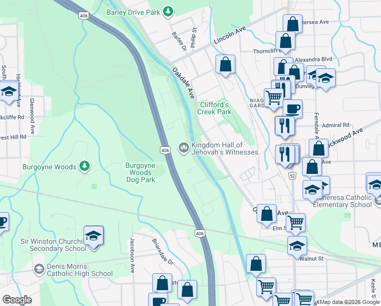 map of restaurants, bars, coffee shops, grocery stores, and more near Moffatt Street in Saint Catharines