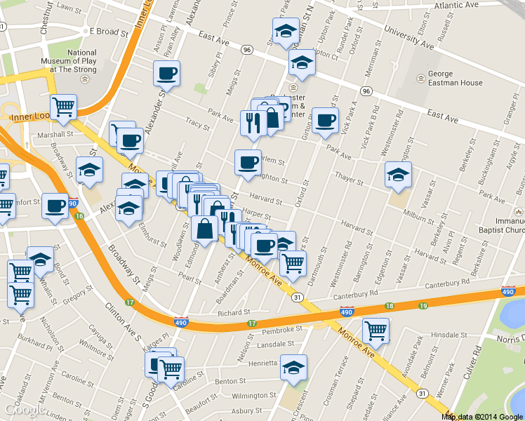 map of restaurants, bars, coffee shops, grocery stores, and more near in Rochester