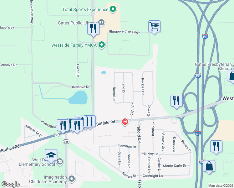 map of restaurants, bars, coffee shops, grocery stores, and more near 15 Iland Drive in Rochester