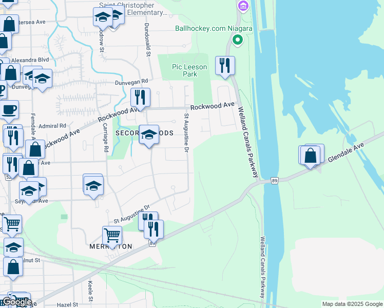 map of restaurants, bars, coffee shops, grocery stores, and more near 208 Saint Augustine Drive in St. Catharines