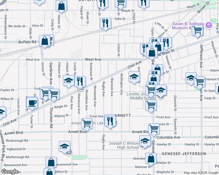 map of restaurants, bars, coffee shops, grocery stores, and more near 59 Warwick Avenue in Rochester