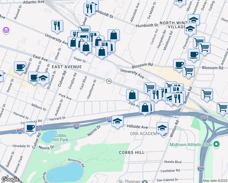 map of restaurants, bars, coffee shops, grocery stores, and more near 1495 East Avenue in Rochester