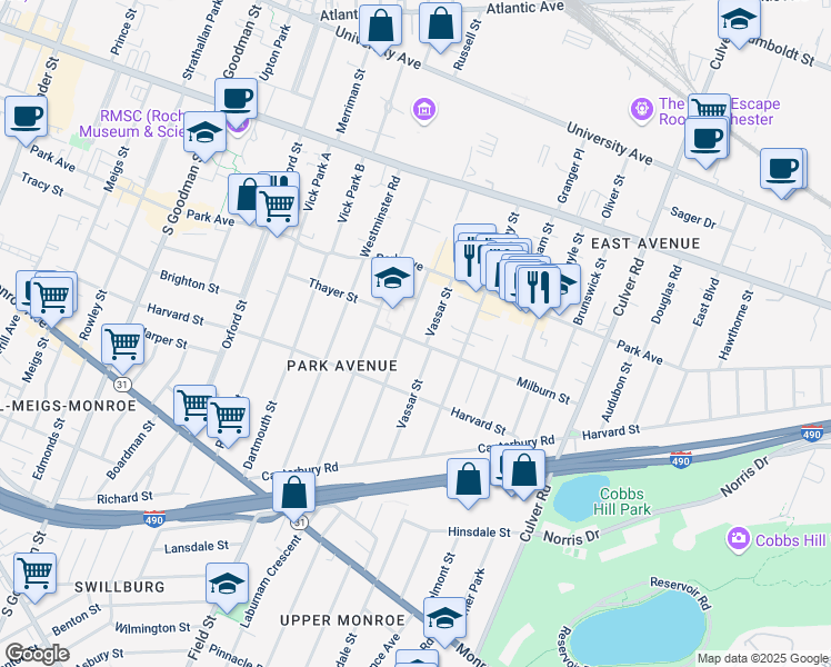 map of restaurants, bars, coffee shops, grocery stores, and more near 53 Vassar Street in Rochester
