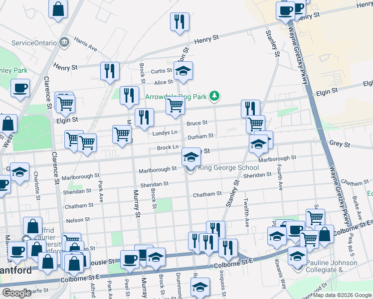map of restaurants, bars, coffee shops, grocery stores, and more near 291 Rawdon Street in Brantford