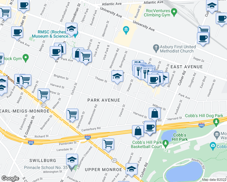 map of restaurants, bars, coffee shops, grocery stores, and more near 170 Barrington Street in Rochester