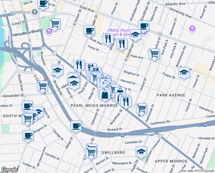 map of restaurants, bars, coffee shops, grocery stores, and more near 55 Rowley Street in Rochester