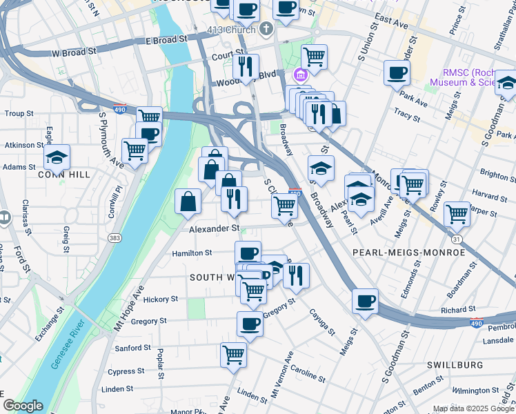 map of restaurants, bars, coffee shops, grocery stores, and more near 124 1/2 Comfort Street in Rochester