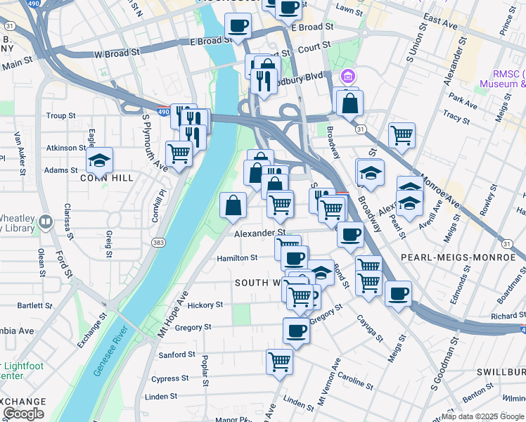 map of restaurants, bars, coffee shops, grocery stores, and more near 70 Mount Hope Avenue in Rochester