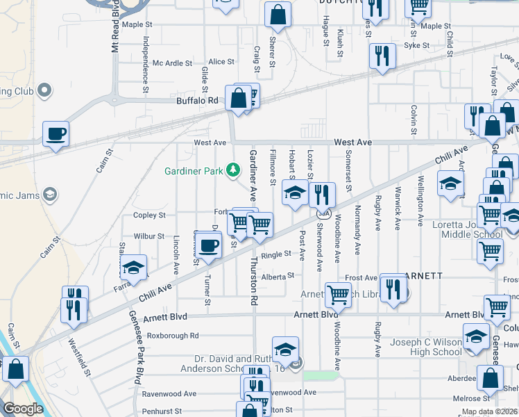 map of restaurants, bars, coffee shops, grocery stores, and more near 120 Gardiner Avenue in Rochester