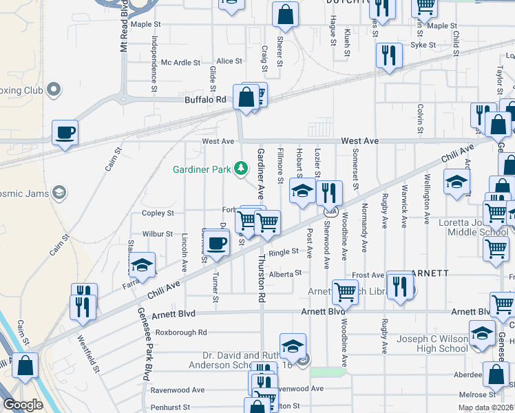 map of restaurants, bars, coffee shops, grocery stores, and more near 26 Forbes Street in Rochester