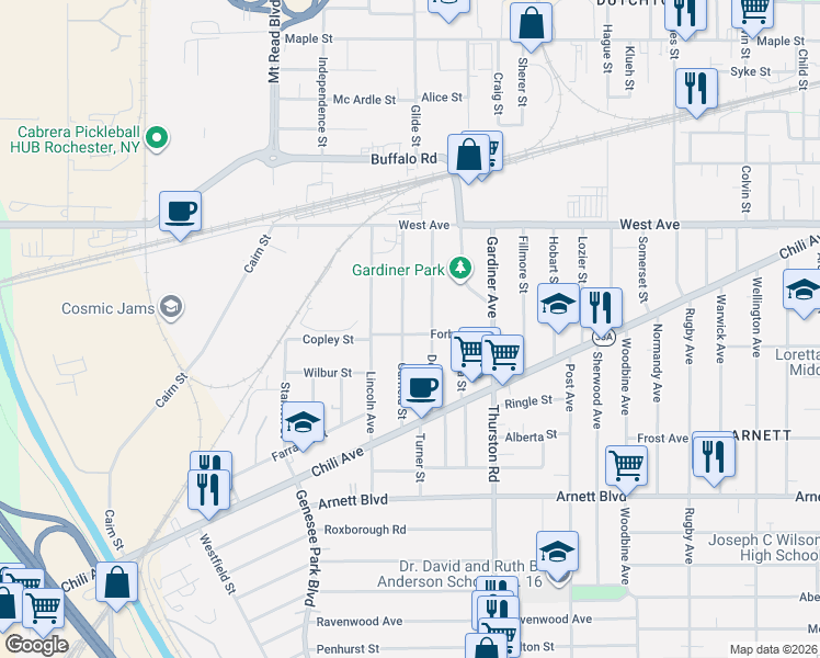 map of restaurants, bars, coffee shops, grocery stores, and more near 119 Garfield Street in Rochester