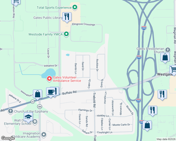 map of restaurants, bars, coffee shops, grocery stores, and more near 27 Capri Drive in Rochester