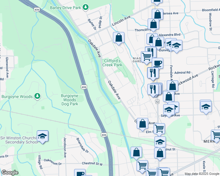 map of restaurants, bars, coffee shops, grocery stores, and more near 145 Oakdale Avenue in St. Catharines