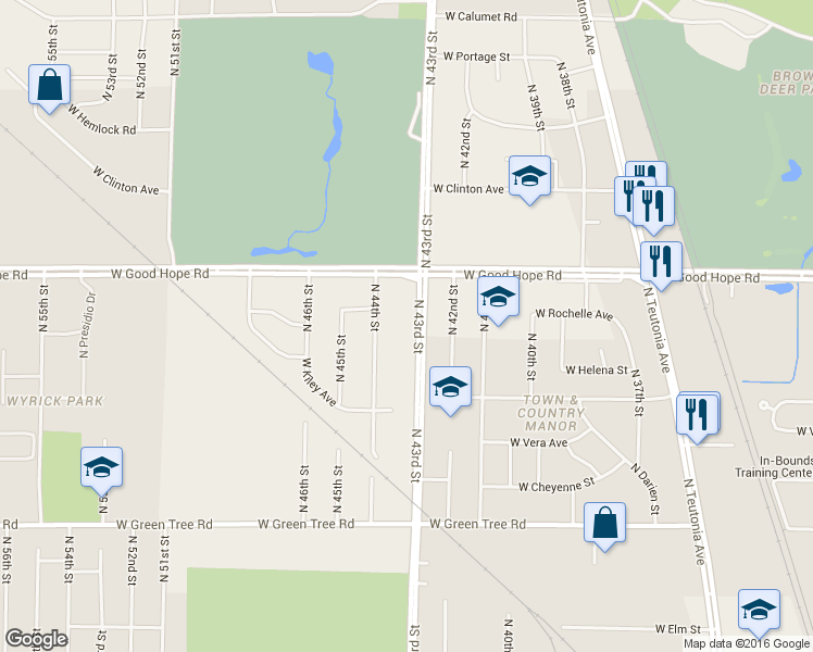 map of restaurants, bars, coffee shops, grocery stores, and more near 7139 North 43rd Street in Milwaukee