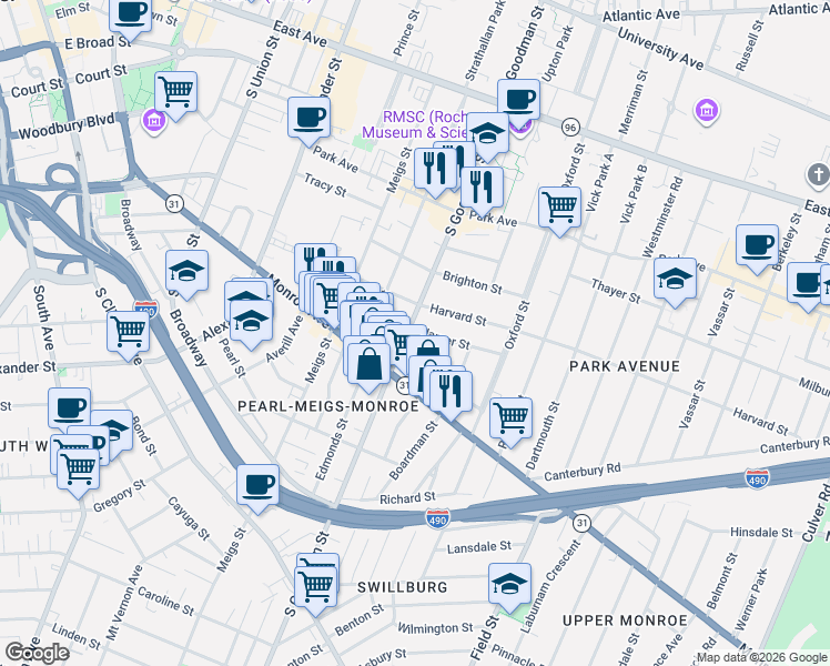 map of restaurants, bars, coffee shops, grocery stores, and more near 315 South Goodman Street in Rochester