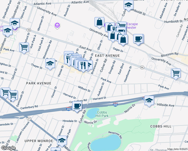 map of restaurants, bars, coffee shops, grocery stores, and more near 815 Park Avenue in Rochester