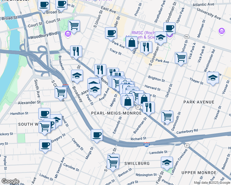 map of restaurants, bars, coffee shops, grocery stores, and more near 436 New York 31 in Rochester