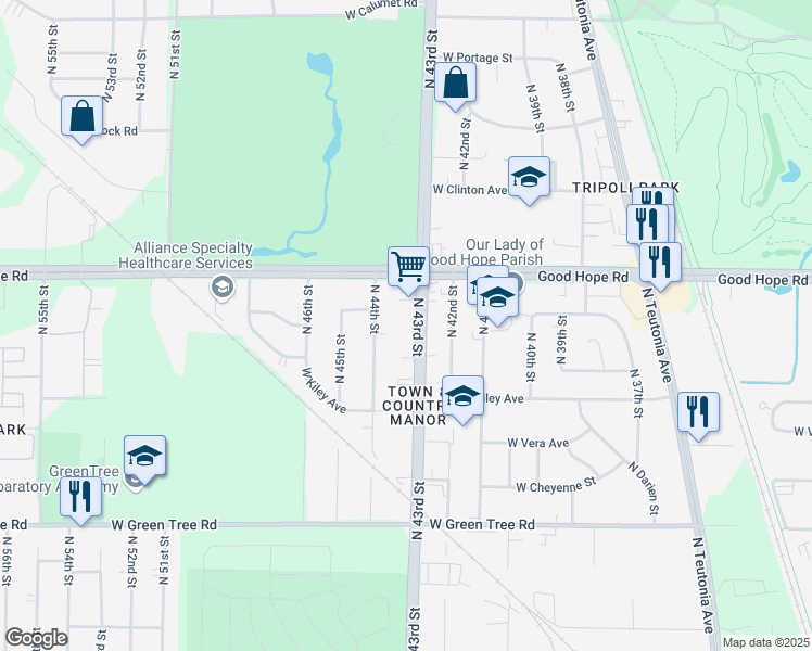 map of restaurants, bars, coffee shops, grocery stores, and more near 7115 North 43rd Street in Milwaukee