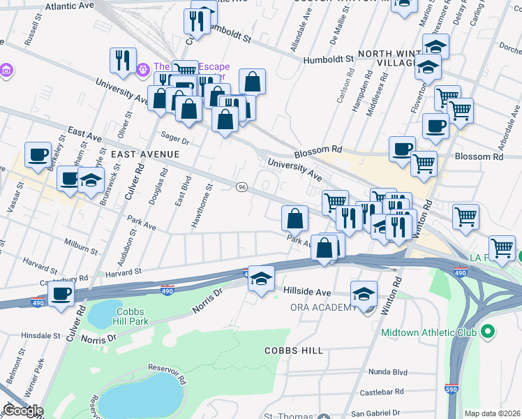 map of restaurants, bars, coffee shops, grocery stores, and more near 1475 East Avenue in Rochester
