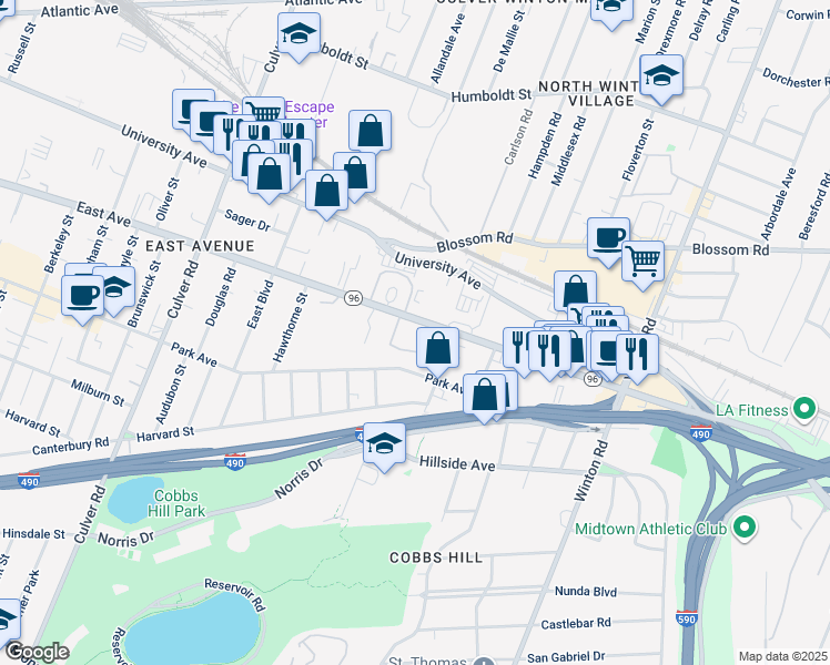 map of restaurants, bars, coffee shops, grocery stores, and more near 1515 East Avenue in Rochester
