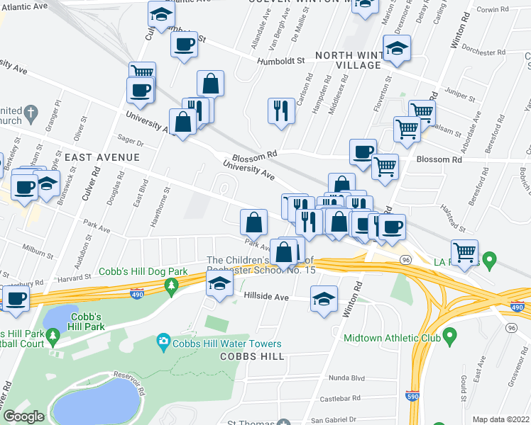 map of restaurants, bars, coffee shops, grocery stores, and more near East Avenue & Colby Street in Rochester
